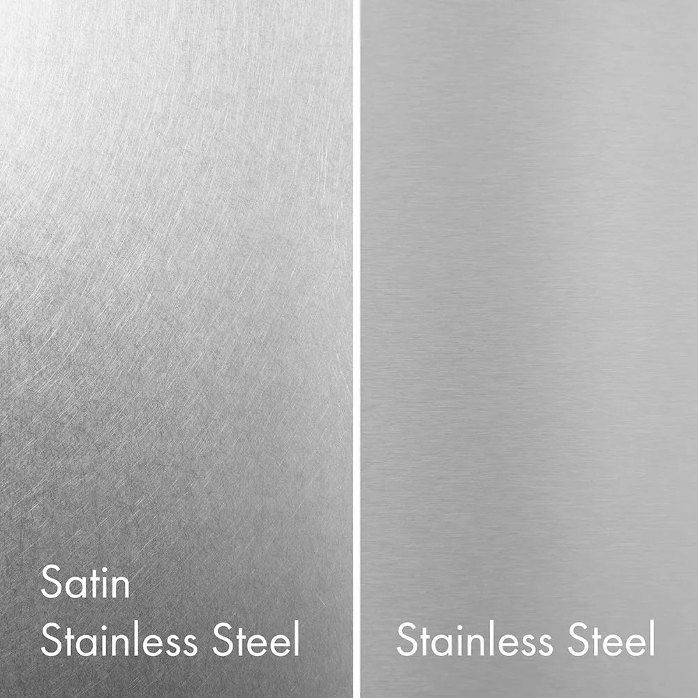 ZLINE Satin Stainless Steel (left) compared with Standard Stainless Steel (right).