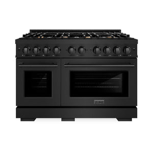 ZLINE 48 in. 6.7 cu. ft. Select Double Oven Dual Fuel Range in Black Stainless Steel with 8 Brass Burners (HDRB-BR-48) front, oven closed.