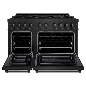 ZLINE 48 in. 6.7 cu. ft. Select Double Oven Dual Fuel Range in Black Stainless Steel with 8 Brass Burners (HDRB-BR-48) front, oven open.