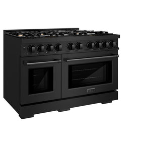 ZLINE 48 in. 6.7 cu. ft. Select Double Oven Dual Fuel Range in Black Stainless Steel with 8 Brass Burners (HDRB-BR-48) side, closed.