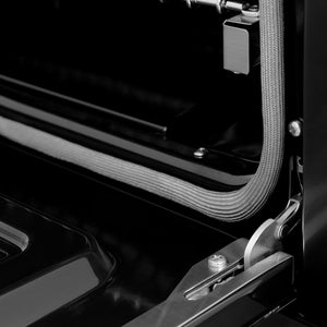 ZLINE 48 in. 6.7 cu. ft. Select Double Oven Dual Fuel Range in Black Stainless Steel with 8 Brass Burners (HDRB-BR-48) close-up detail, StayPut oven door hinges.