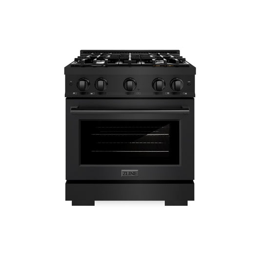 ZLINE 30 in. 4.2 cu. ft. Select Dual Fuel Range with 4 Burner Gas Cooktop and Electric Convection Oven in Black Stainless Steel (HDRB-30) front, oven closed.