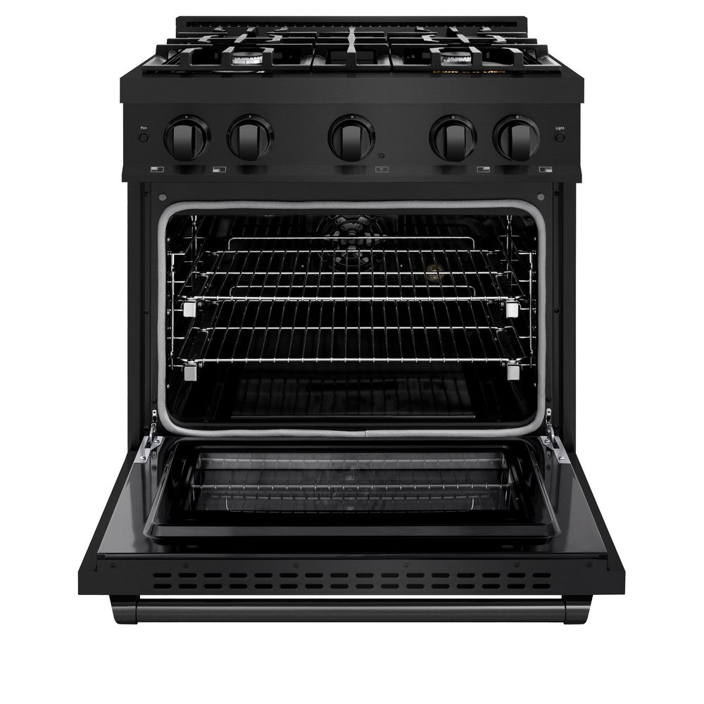 ZLINE 30 in. 4.2 cu. ft. Select Dual Fuel Range with 4 Burner Gas Cooktop and Electric Convection Oven in Black Stainless Steel (HDRB-30) front, open.