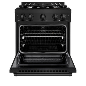 ZLINE 30 in. 4.2 cu. ft. Select Dual Fuel Range with 4 Burner Gas Cooktop and Electric Convection Oven in Black Stainless Steel (HDRB-30) front, oven open.