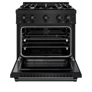 ZLINE 30 in. 4.2 cu. ft. Select Dual Fuel Range with 4 Burner Gas Cooktop and Electric Convection Oven in Black Stainless Steel (HDRB-30) front, open.