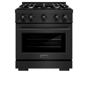 ZLINE 30 in. 4.2 cu. ft. Select Dual Fuel Range with 4 Burner Gas Cooktop and Electric Convection Oven in Black Stainless Steel (HDRB-30) front, oven closed.