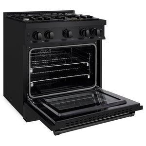 ZLINE 30 in. 4.2 cu. ft. Select Dual Fuel Range with 4 Burner Gas Cooktop and Electric Convection Oven in Black Stainless Steel (HDRB-30) side, open.