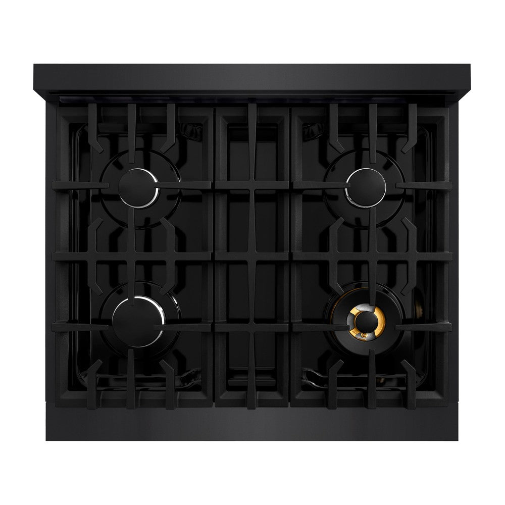 ZLINE 30 in. 4.2 cu. ft. Select Dual Fuel Range with 4 Burner Gas Cooktop and Electric Convection Oven in Black Stainless Steel (HDRB-30) top-down, above cooktop.