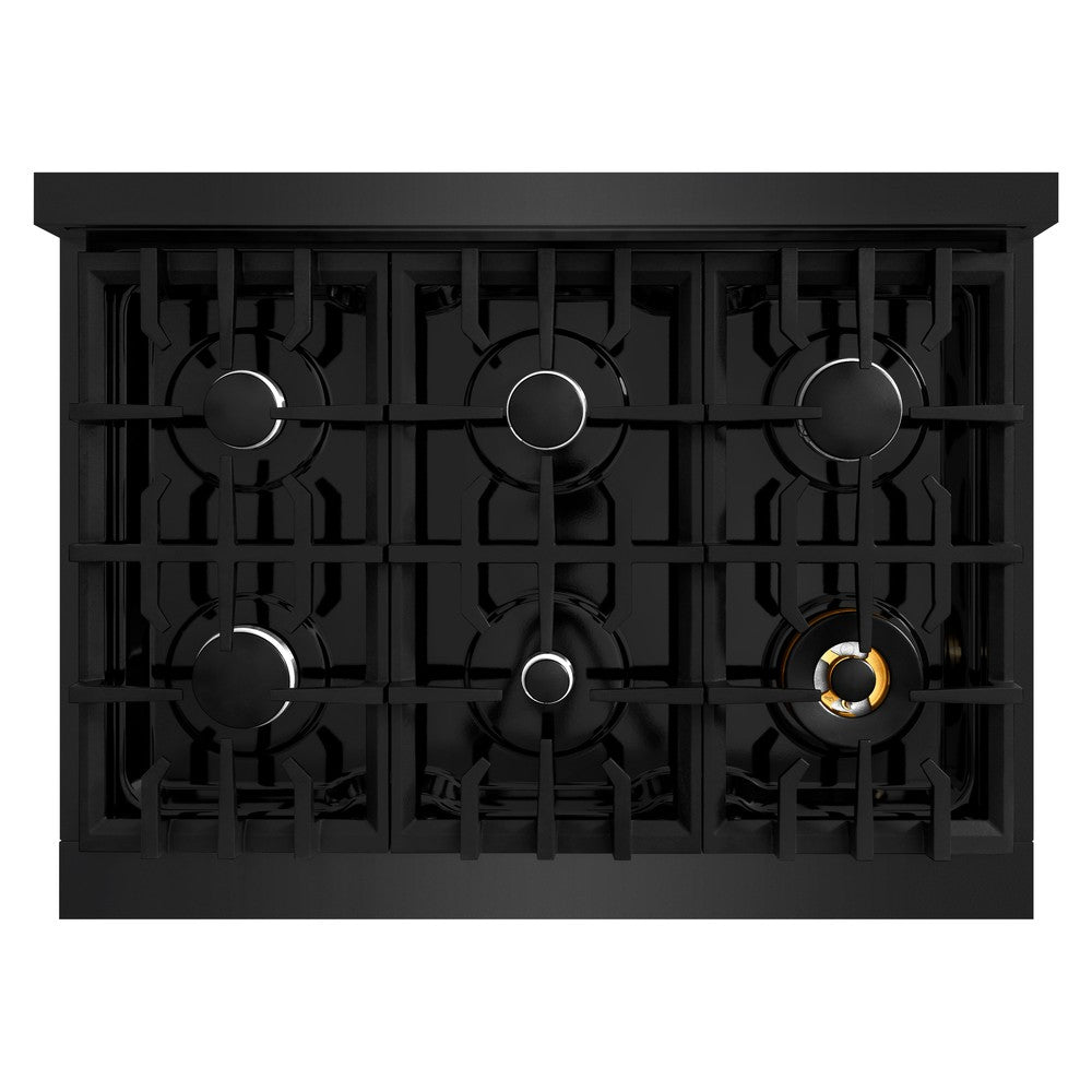 ZLINE 36 in. 5.2 cu. ft. Select Dual Fuel Range with 6 Burner Gas Cooktop and Electric Convection Oven in Black Stainless Steel (HDRB-36) top-down, above cooktop.