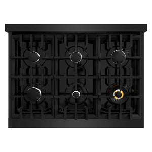 ZLINE 36 in. 5.2 cu. ft. Select Dual Fuel Range with 6 Burner Gas Cooktop and Electric Convection Oven in Black Stainless Steel (HDRB-36) top-down, above cooktop.