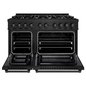 ZLINE 48 in. 6.7 cu. ft. Select Double Oven Dual Fuel Range with 8 Burner Gas Cooktop in Black Stainless Steel (HDRB-48) front, oven open.