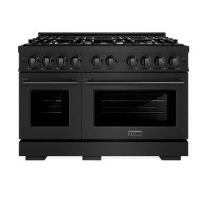 ZLINE 48 in. 6.7 cu. ft. Select Double Oven Dual Fuel Range with 8 Burner Gas Cooktop in Black Stainless Steel (HDRB-48) front, oven closed.