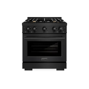 ZLINE 30 in. 4.2 cu. ft. Select Gas Range with Convection Gas Oven in Black Stainless Steel with 4 Brass Burners (HGRB-BR-30) front, oven closed.