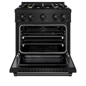 ZLINE 30 in. 4.2 cu. ft. Select Gas Range with Convection Gas Oven in Black Stainless Steel with 4 Brass Burners (HGRB-BR-30) front, oven open.