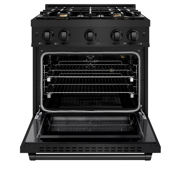 ZLINE 30 in. 4.2 cu. ft. Select Gas Range with Convection Gas Oven in Black Stainless Steel with 4 Brass Burners (HGRB-BR-30) front, open.