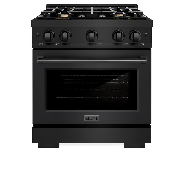 ZLINE 30 in. 4.2 cu. ft. Select Gas Range with Convection Gas Oven in Black Stainless Steel with 4 Brass Burners (HGRB-BR-30) front, closed.