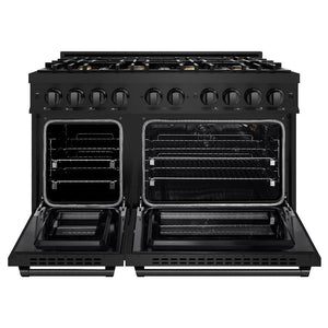 ZLINE 48 in. 6.7 cu. ft. Select Double Oven Gas Range in Black Stainless Steel with 8 Brass Burners (HGRB-BR-48) front, oven open.