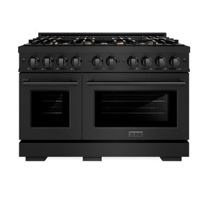 ZLINE 48 in. 6.7 cu. ft. Select Double Oven Gas Range in Black Stainless Steel with 8 Brass Burners (HGRB-BR-48) front, oven closed.