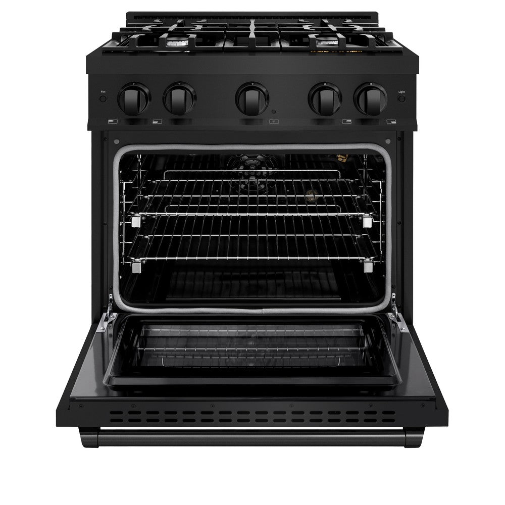 ZLINE 30 in. 4.2 cu. ft. Select Gas Range with 4 Burner Cooktop and Convection Gas Oven in Black Stainless Steel (HGRB-30) front, open.