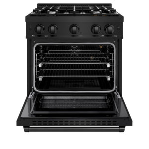 ZLINE 30 in. 4.2 cu. ft. Select Gas Range with 4 Burner Cooktop and Convection Gas Oven in Black Stainless Steel (HGRB-30) front, oven open.