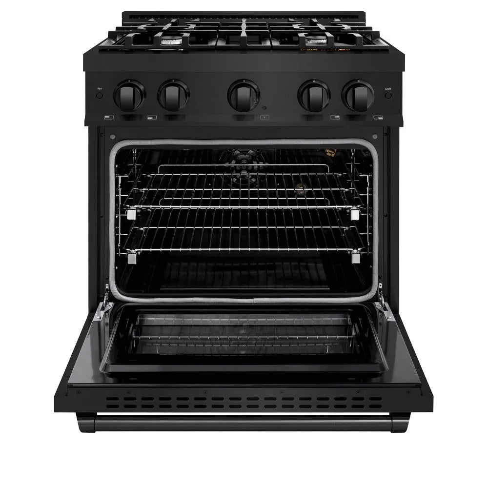 ZLINE 30 in. 4.2 cu. ft. Select Gas Range with 4 Burner Cooktop and Convection Gas Oven in Black Stainless Steel (HGRB-30) front, oven open.