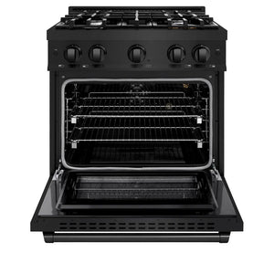 ZLINE 30 in. 4.2 cu. ft. Select Gas Range with 4 Burner Cooktop and Convection Gas Oven in Black Stainless Steel (HGRB-30) front, oven open.