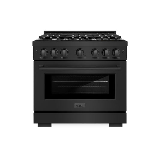 ZLINE 36 in. 5.2 cu. ft. Select Gas Range with 6 Burner Cooktop and Convection Gas Oven in Black Stainless Steel (HGRB-36) front, oven closed.