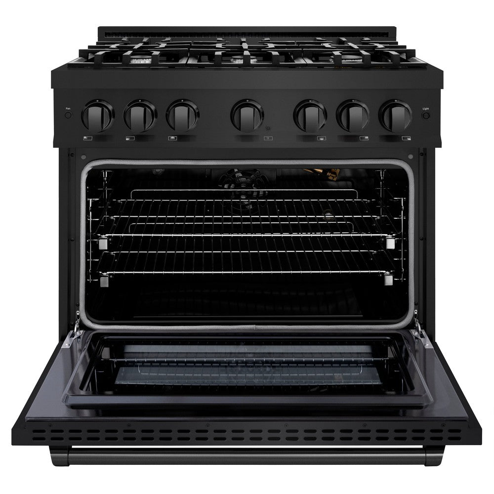 ZLINE 36 in. 5.2 cu. ft. Select Gas Range with 6 Burner Cooktop and Convection Gas Oven in Black Stainless Steel (HGRB-36) front, open.