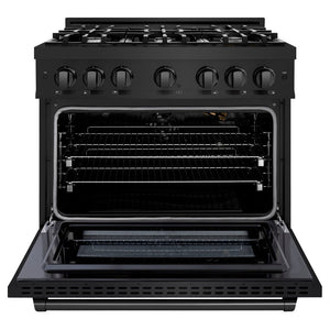 ZLINE 36 in. 5.2 cu. ft. Select Gas Range with 6 Burner Cooktop and Convection Gas Oven in Black Stainless Steel (HGRB-36) front, oven open.