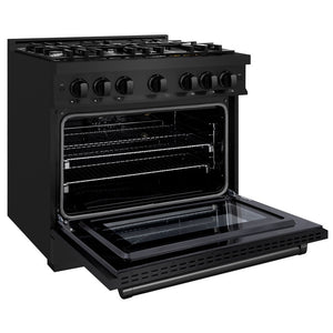 ZLINE 36 in. 5.2 cu. ft. Select Gas Range with 6 Burner Cooktop and Convection Gas Oven in Black Stainless Steel (HGRB-36) side, oven open.