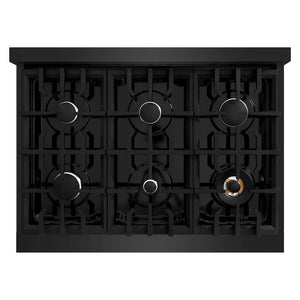 ZLINE 36 in. 5.2 cu. ft. Select Gas Range with 6 Burner Cooktop and Convection Gas Oven in Black Stainless Steel (HGRB-36) top-down, above cooktop.