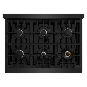 ZLINE 36 in. 5.2 cu. ft. Select Gas Range with 6 Burner Cooktop and Convection Gas Oven in Black Stainless Steel (HGRB-36) top-down, above cooktop.