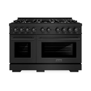 ZLINE 48 in. 6.7 cu. ft. Select Double Oven Gas Range with 8 Burner Cooktop in Black Stainless Steel (HGRB-48) front, oven closed.
