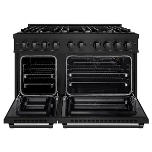 ZLINE 48 in. 6.7 cu. ft. Select Double Oven Gas Range with 8 Burner Cooktop in Black Stainless Steel (HGRB-48) front, oven open.