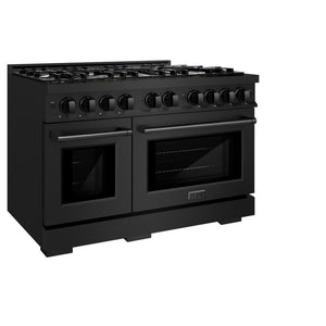 ZLINE 48 in. 6.7 cu. ft. Select Double Oven Gas Range with 8 Burner Cooktop in Black Stainless Steel (HGRB-48) side, closed.