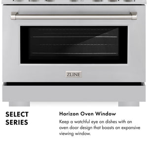 Horizon Window Infographic. Text: Select Series. Horizon Oven Window. Keep a watchful eye on dishes with an oven door design that boasts an expansive viewing window.