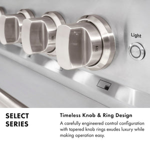 Knob Design Infographic. Text: Select Series. Timeless Knob and Ring Design. A carefully engineered control configuration with tapered knob rings exudes luxury while making operation easy.