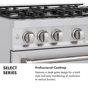 Professional Cooktop Infographic. Text: Select Series. Professional Cooktop. Features a sleek grate design for a bold style and easy transferring of cookware to various burners.