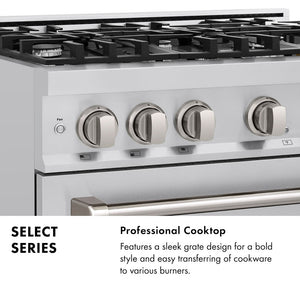 Select Series Infographic. Professional Cooktop. Text: Features a sleek grate design for a bold style and easy transferring of cookware to various burners.
