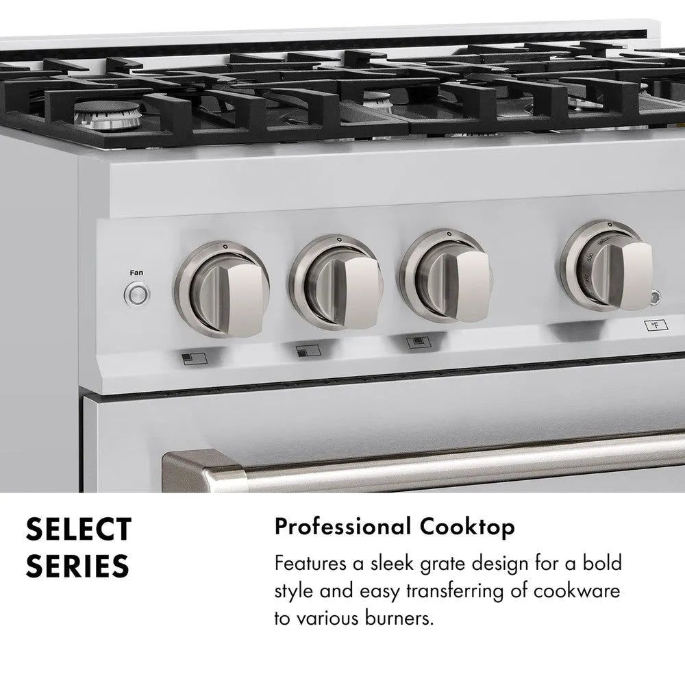 Select Series Infographic. Professional Cooktop. Text: Features a sleek grate design for a bold style and easy transferring of cookware to various burners.