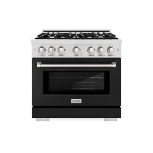 ZLINE 36 in. 5.2 cu. ft. Select Dual Fuel Range with 6 Burner Gas Cooktop and Electric Convection Oven in Satin Stainless Steel with Black Matte Door (HDRS-BLM-36)
