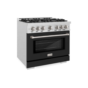 ZLINE 36 in. 5.2 cu. ft. Select Dual Fuel Range with 6 Burner Gas Cooktop and Electric Convection Oven in Satin Stainless Steel with Black Matte Door (HDRS-BLM-36) side.