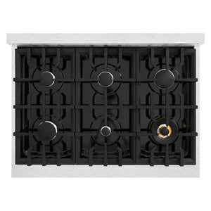 ZLINE 36 in. 5.2 cu. ft. Select Dual Fuel Range with 6 Burner Gas Cooktop and Electric Convection Oven in Satin Stainless Steel with Black Matte Door (HDRS-BLM-36) top-down, above cooktop.