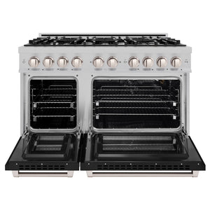 ZLINE 48 in. 6.7 cu. ft. Select Double Oven Gas Range with 8 Burner Cooktop in Satin Stainless Steel with Black Matte Doors (HGRS-BLM-48) front, oven open.