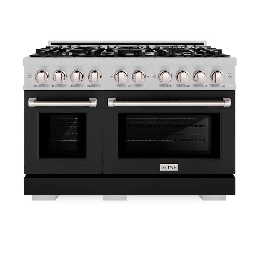 ZLINE 48 in. 6.7 cu. ft. Select Double Oven Gas Range with 8 Burner Cooktop in Satin Stainless Steel with Black Matte Doors (HGRS-BLM-48) front, oven closed.