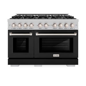 ZLINE 48 in. 6.7 cu. ft. Select Double Oven Gas Range with 8 Burner Cooktop in Satin Stainless Steel with Black Matte Doors (HGRS-BLM-48) front, oven closed.