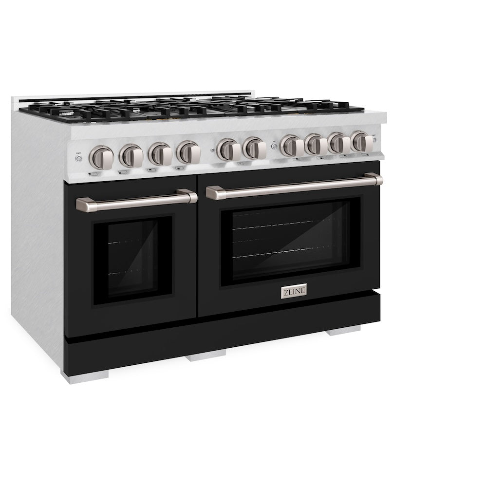 ZLINE 48 in. 6.7 cu. ft. Select Double Oven Gas Range with 8 Burner Cooktop in Satin Stainless Steel with Black Matte Doors (HGRS-BLM-48) side, oven closed.