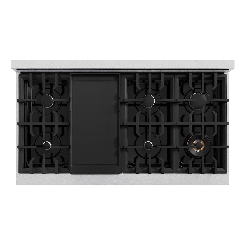 ZLINE 48 in. 6.7 cu. ft. Select Double Oven Gas Range with 8 Burner Cooktop in Satin Stainless Steel with Black Matte Doors (HGRS-BLM-48) top-down, above cooktop.