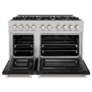 ZLINE 48 in. 6.7 cu. ft. Select Double Oven Dual Fuel Range with 8 Burner Gas Cooktop in Satin Stainless Steel with Black Matte Doors (HDRS-BLM-48) front, oven open.