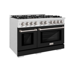 ZLINE 48 in. 6.7 cu. ft. Select Double Oven Dual Fuel Range with 8 Burner Gas Cooktop in Satin Stainless Steel with Black Matte Doors (HDRS-BLM-48) side.
